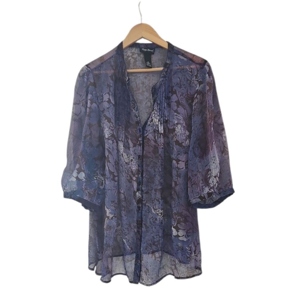 Maggie Barnes Sheer Abstract Blouse Women’s 1X Blue Purple Artsy Layer Top